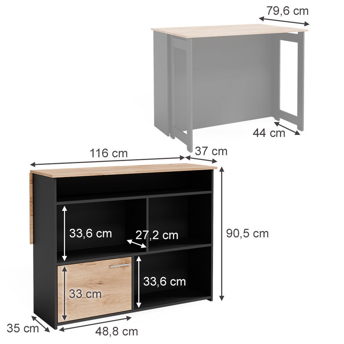 BARTISCH Dominic Goldkraft Eiche 116 x 37 cm 4x offene Fächer und 1x Tür - Eiche Wotan, Holzwerkstoff (116/90.5/37cm) - Vicco