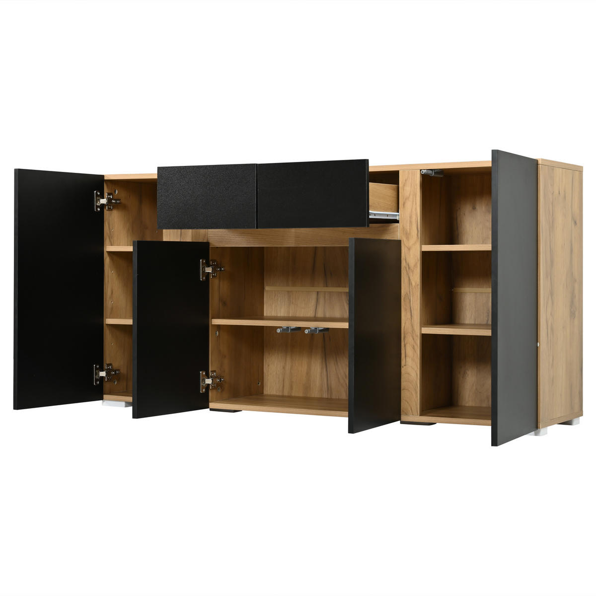 SIDEBOARD 140/35/70 cm mit 4 Türen, 2 Schubladen und verstellbaren Einlegeböden in Schwarz-Holzoptik - Schwarz/Naturfarben, Holzwerkstoff (140/70/35cm) - CHICFURN