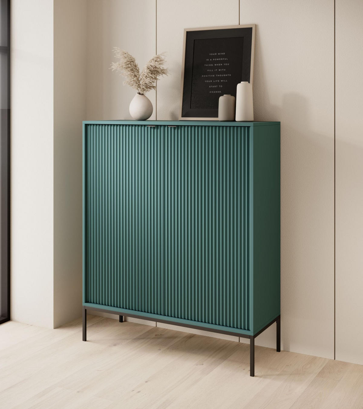 HIGHBOARD Vellore Grün mit schwarzem Gestell - Schwarz/Grün, Holzwerkstoff/Metall (104/125/39cm) - Selsey