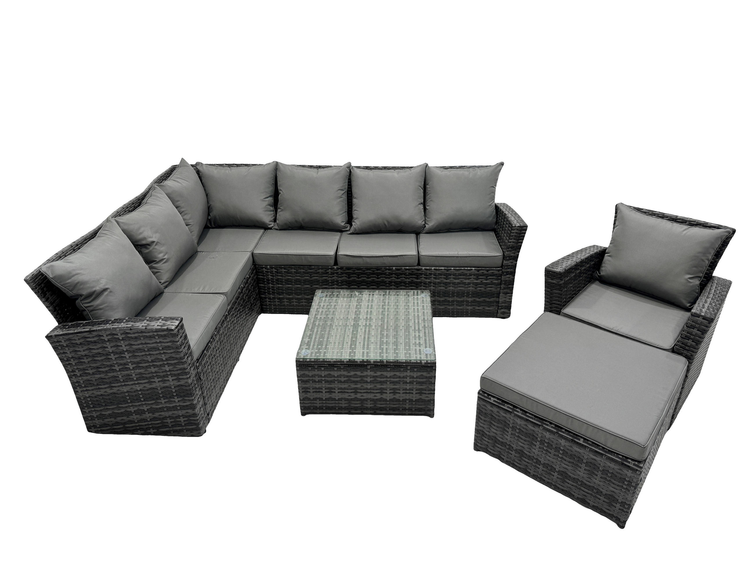 BALKONMÖBEL-SETS mit Ecksofa,Quadratischer Couchtisch,Hocker,Stuhl Polyrattan Dunkelgrau 8-Sitzer - Dunkelgrau/Grau, Glas/Kunststoff - Fimous