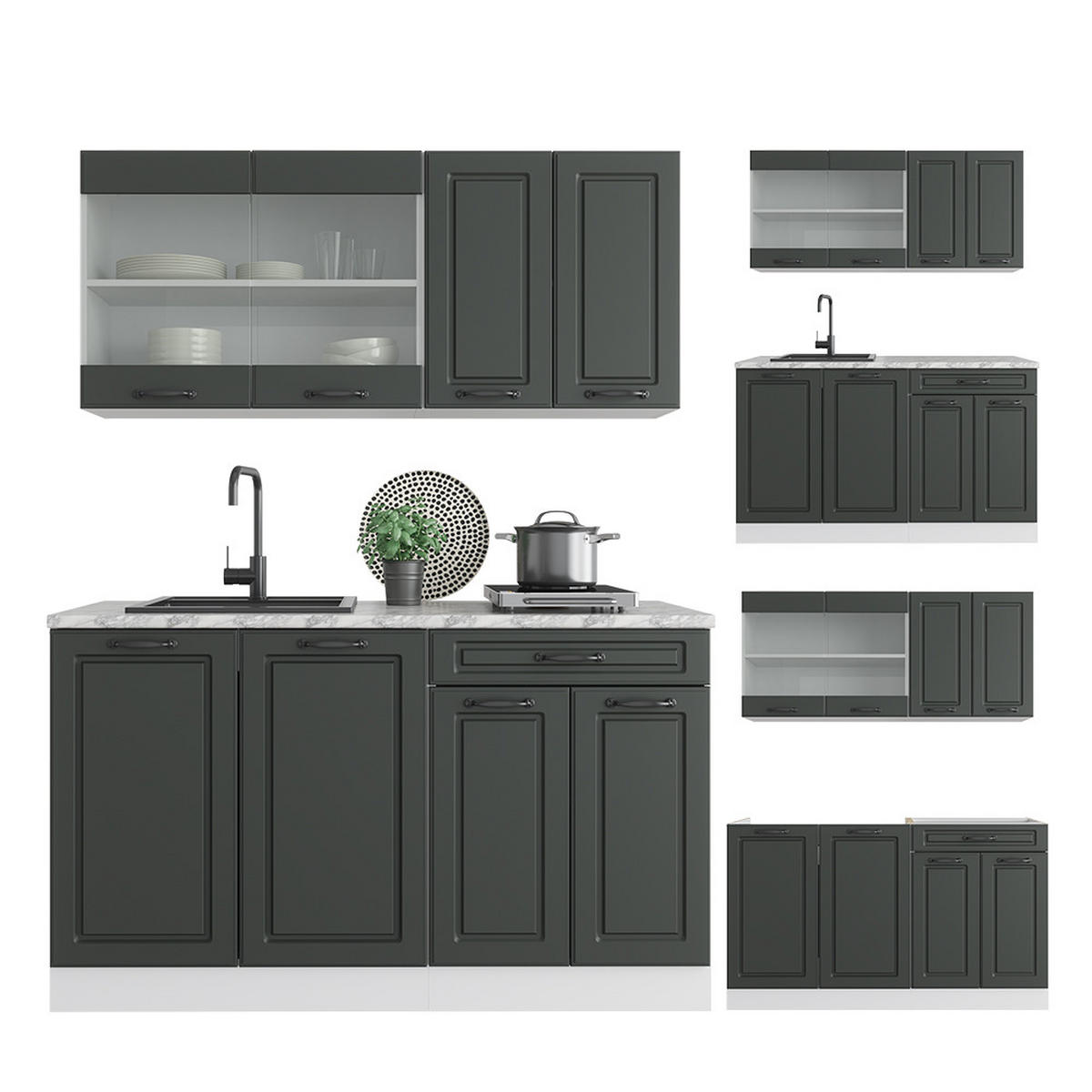SINGLEKÜCHE R-Line Anthrazit Landhaus/Weiß 140 cm, AP Anthrazit - Dunkelgrau/Anthrazit, Holzwerkstoff (140/81.6/60cm) - Vicco