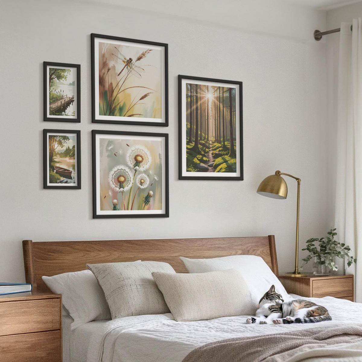WANDBILDER 5er-Set - 50x50 cm & 20x30 cm & 40x60 cm Schwarzer Rahmen - See, Wald, Boot, Morgennebel - Schwarz, Kunststoff (40/60cm) - ArtPrintCave