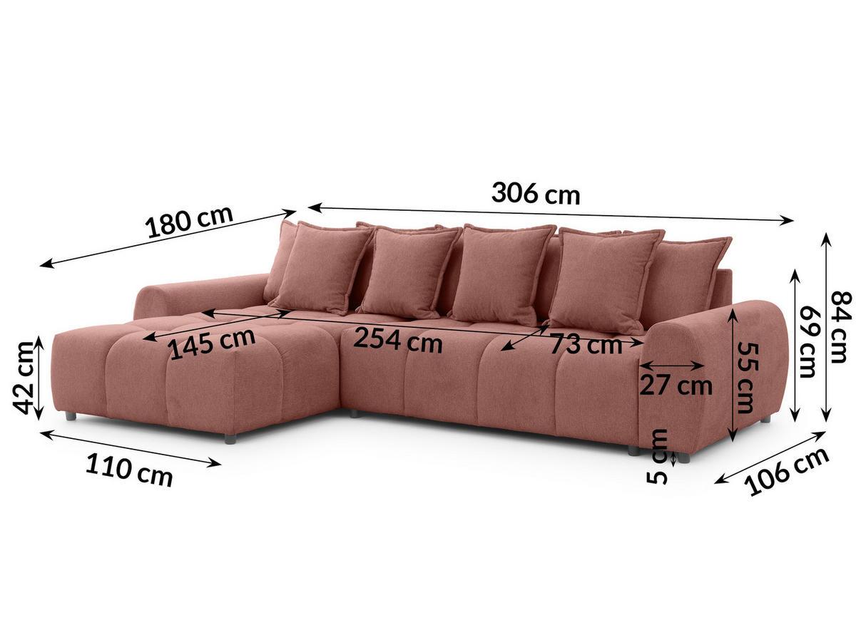 ECKSOFA inkl. Hocker Bubble mit Schlaffunktion und losen Rückenkissen, Sitzfläche Bubble-Optik aus weichem Terrakotta Strukturstoff - Ottomane Links - Terracotta/Schwarz, Holz/Kunststoff (180/306cm) - S-Style Möbel