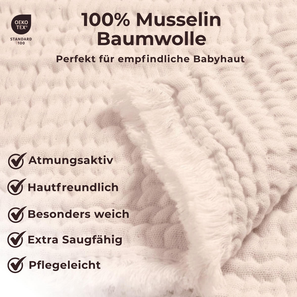 MUSSELINDECKE Babydecke Stilltuch Einschlagdecke Säuglingsdecke Babygeschenk ab Geburt - Naturfarben, Textil (80/80cm) - nordic coast company