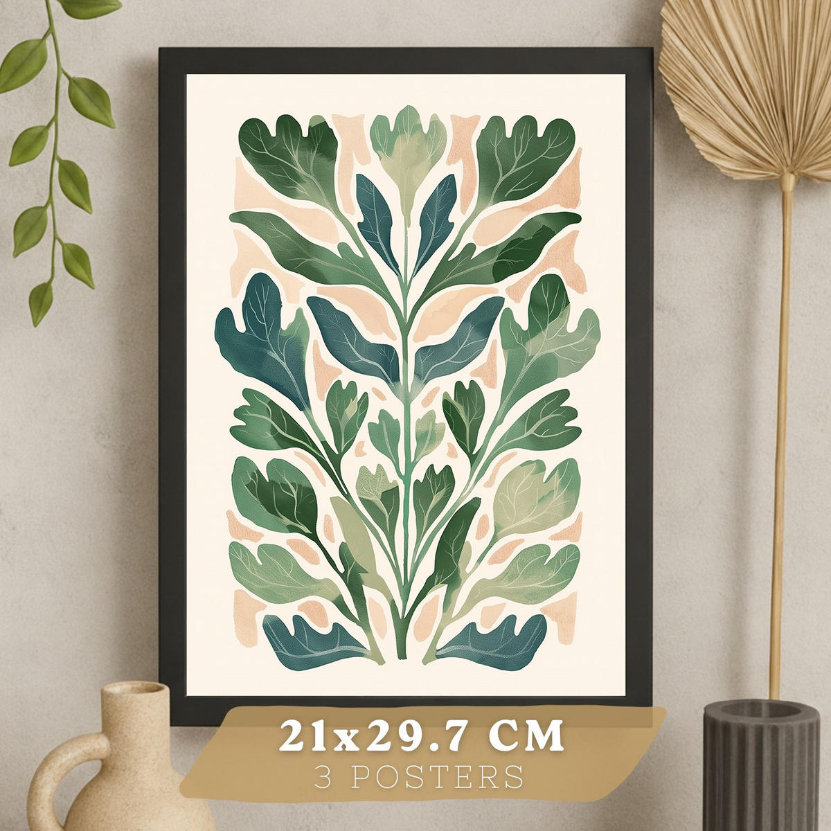 PLAKAT Sada 3 Zelené rostliny A3 Černý rám - černá, papír (29.7/1/42cm) - Nacnic