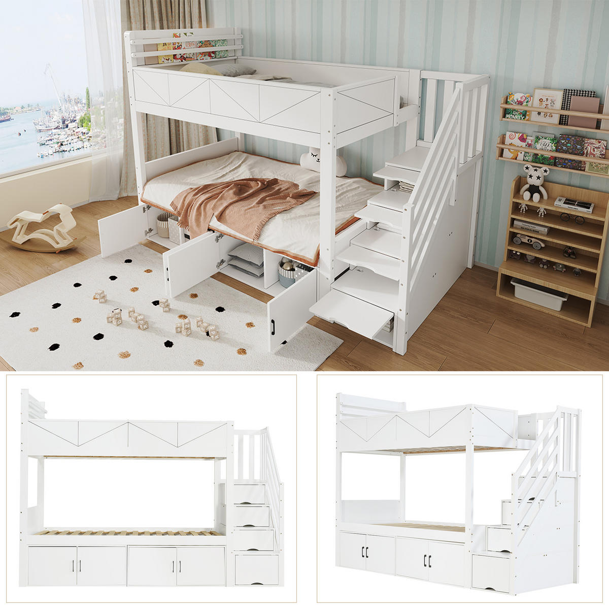 ETAGENBETT 90/200 cm in Weiß mit Stauraumtreppe, Schrankfächern, Ablage und Paneel-Design aus Massivholz und MDF - Weiß, Holzwerkstoff (90/200cm) - STILVORA