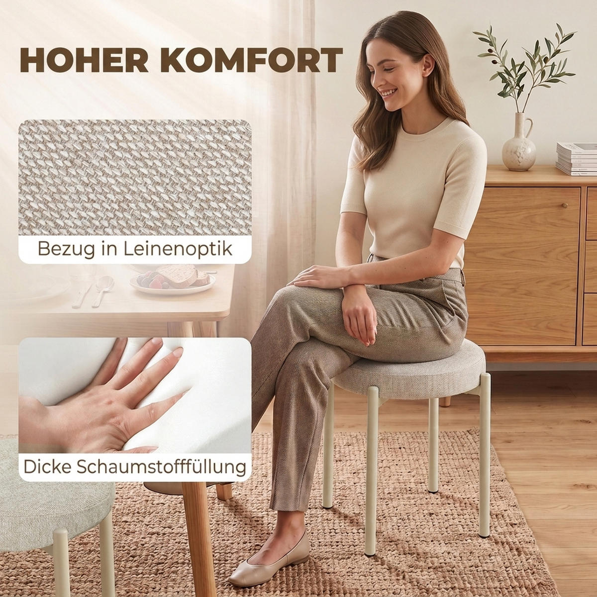 HOCKER 4er Set Polyester Cremeweiß - Dunkelgrün/Creme, Textil/Metall (45/47.5/45cm) - HOMCOM