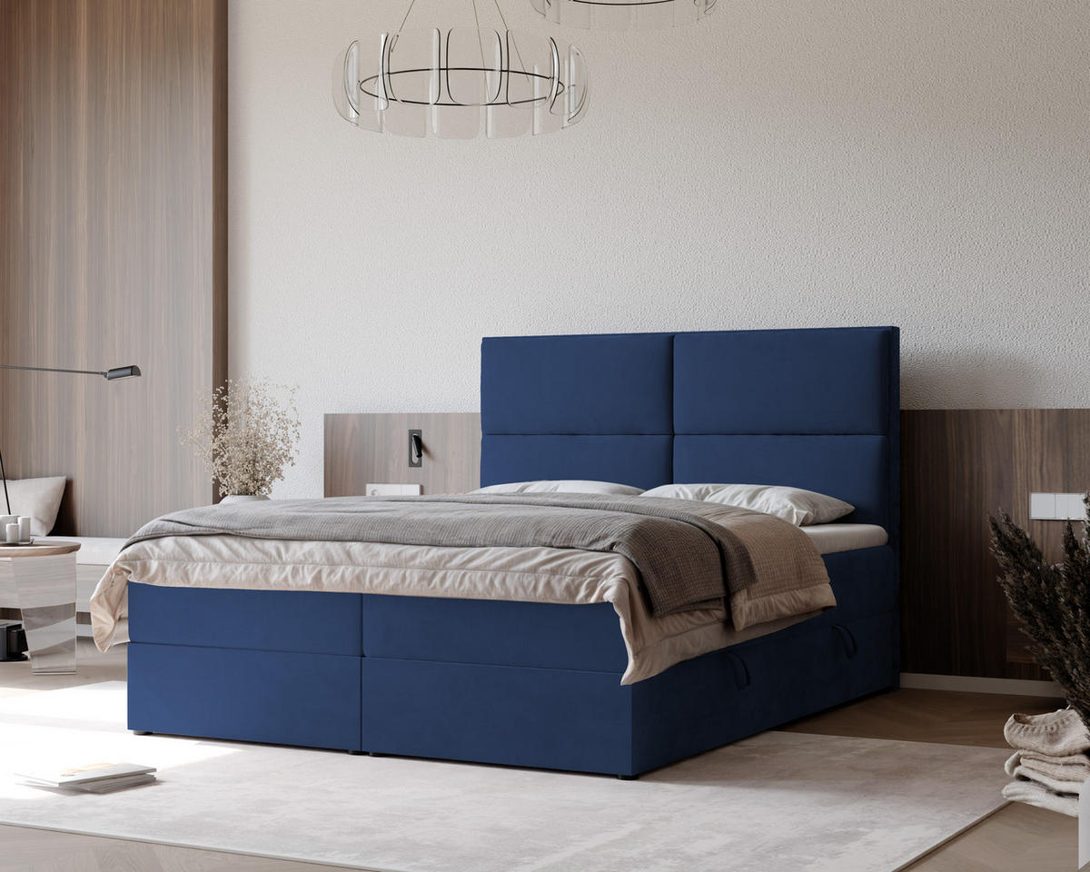 BOXBETT ORFEO 200/200 cm mit Matratze und Topper, Marineblau - Dunkelblau, Textil (200/200cm) - Idohome
