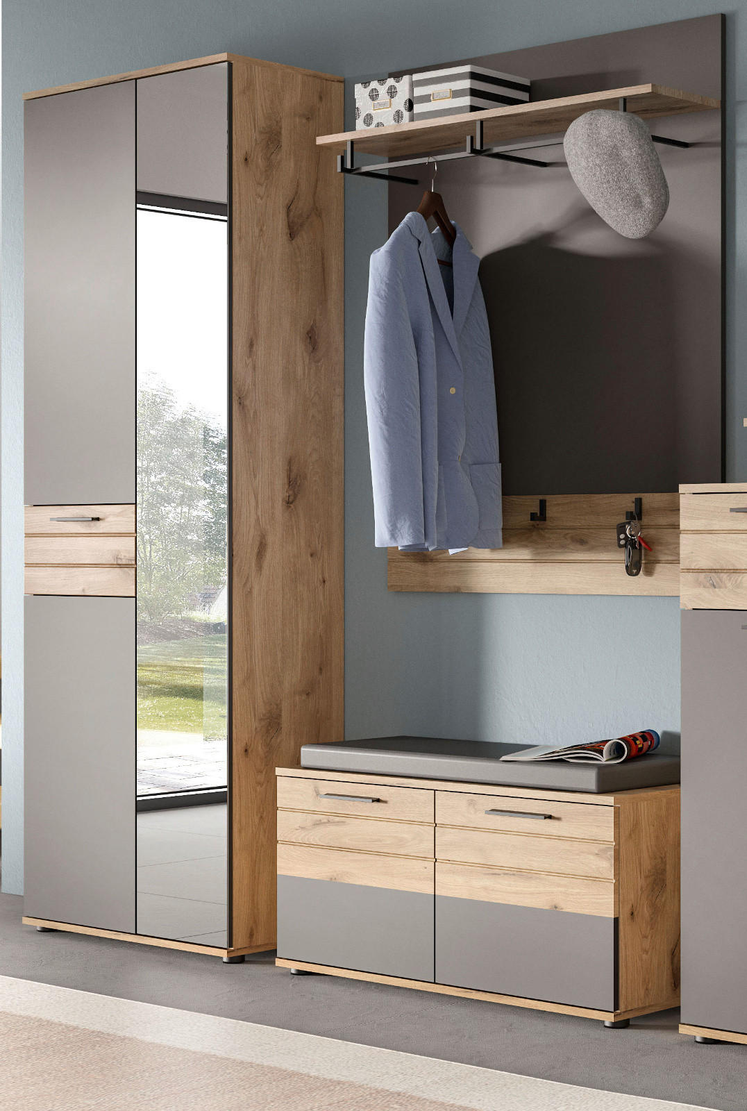 GARDEROBEN-SET Eiche, grau 3-teilig 175 cm mit Soft-Close - Eichefarben/Schwarz, Glas/Holzwerkstoff (175/200/37cm) - Inn.Furn