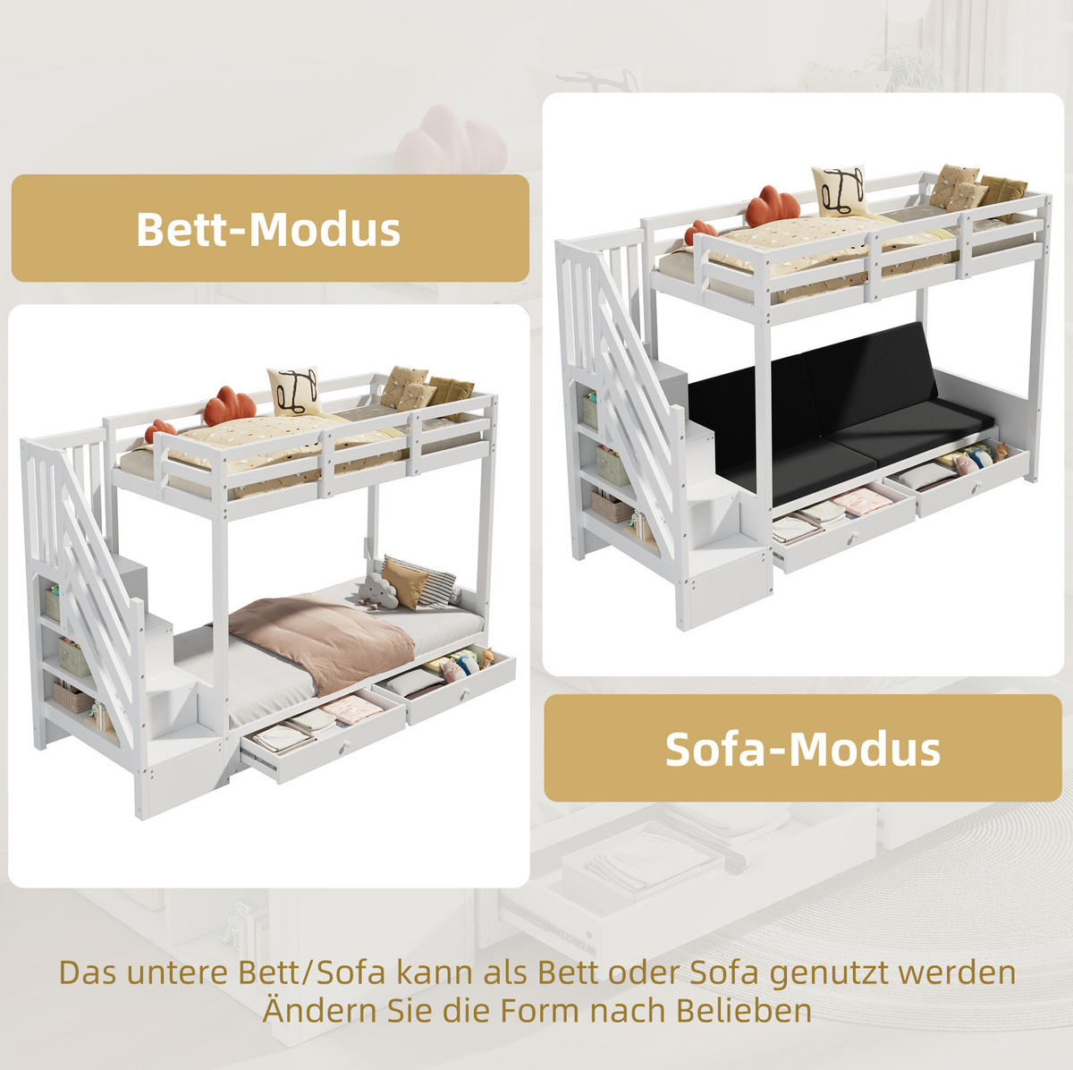 ETAGENBETT 90/200 cm mit Sofa, Treppenschrank und 2 Schubladen, Weiß - Weiß, Holzwerkstoff (90/200cm) - Redom
