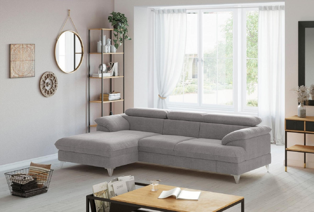 ECKSOFA mit Schlaffunktion und Bettkasten, verstellbare Kopfstützen - Chromfarben/Grau, Textil/Metall (254/167cm) - Cotta