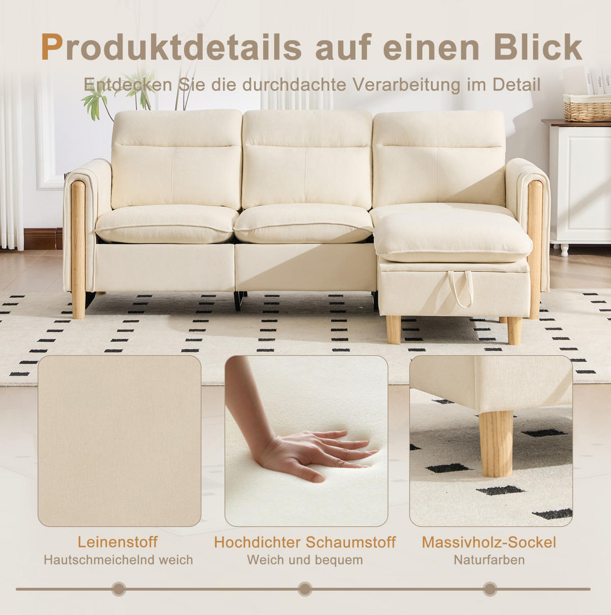 SOFA 201/77/86 cm in Beige aus Chenille mit Stauraumhocker - Beige, Textil (77/86/201cm) - Flora Grace