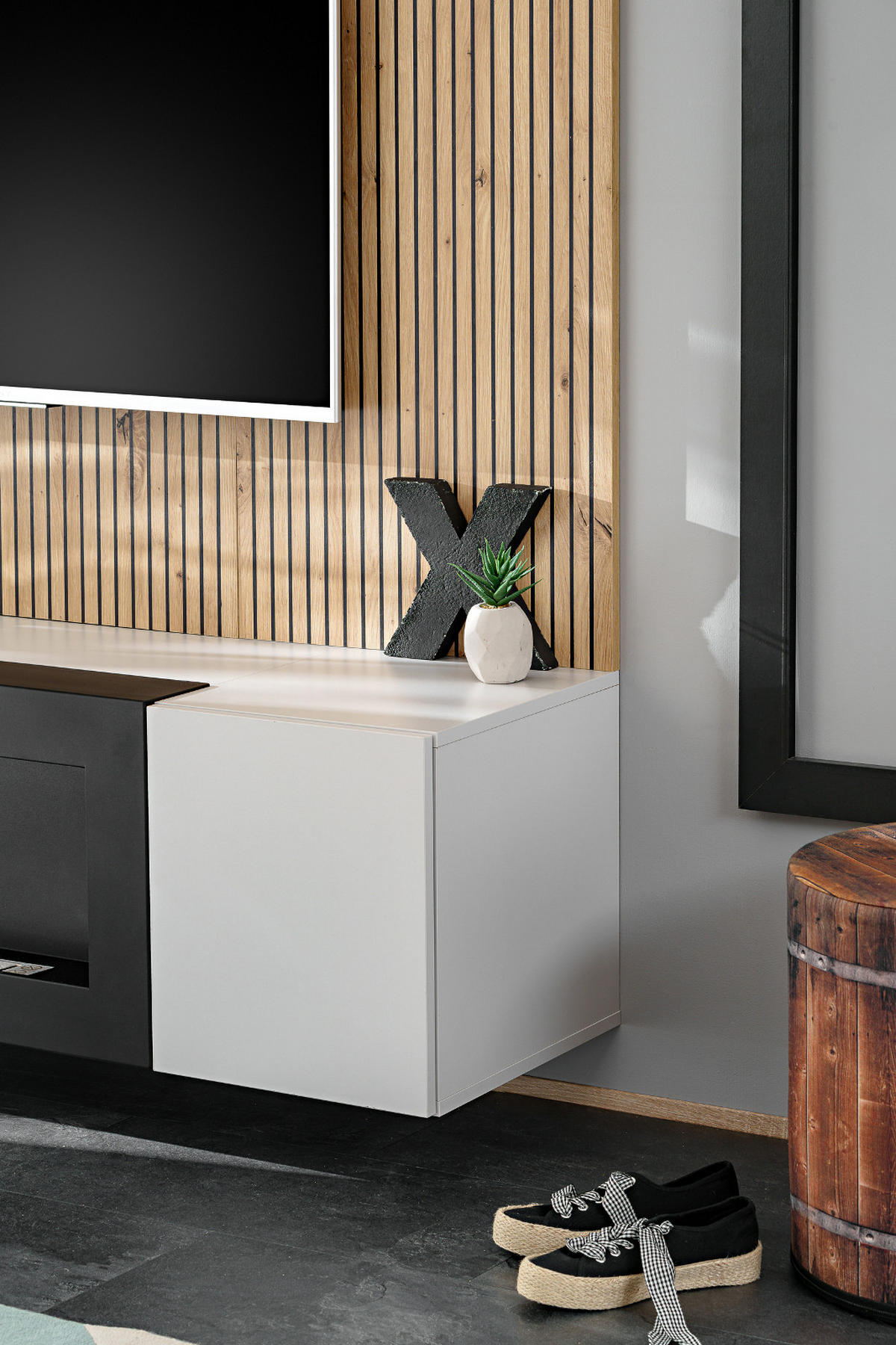 TV-LOWBOARD grau, Eiche Artisan 160, TV-Unterschrank mit Ethanpol Kamin und Akustikpaneel - Hellgrau/Schwarz, Glas/Holzwerkstoff (160/148/35cm) - Inn.Furn