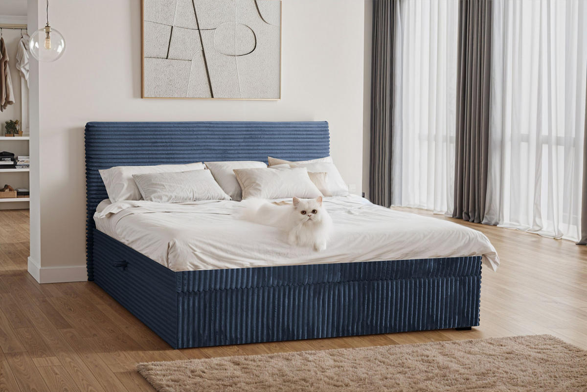 BOXBETT Bettkasten Und Topper TRENTO Ohne Bein Stoff Plüsch Cord 180x200 cm Dunkelblau H3-Bonell - Dunkelblau, Holz/Textil (180/200cm) - Kaiser Möbel