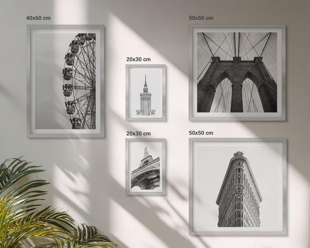 BILDER SET 5er Set - 50x50 cm & 20x30 cm & 40x60 cm Silberner Rahmen - Architektur Schwarz-Weiß-Minimalismus - Silberfarben, Kunststoff (40/60cm) - TULUP