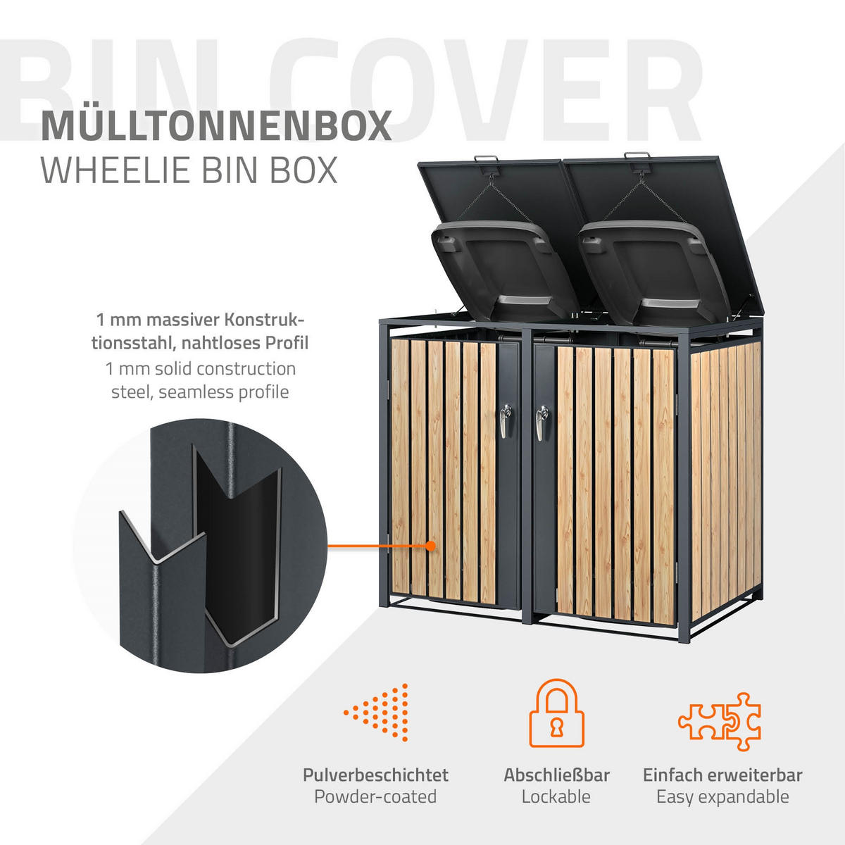 MÜLLTONNENBOX 2er Anthrazit-Lärchenoptik - Naturfarben, Metall (80/116.3/132cm) - ML-DESIGN