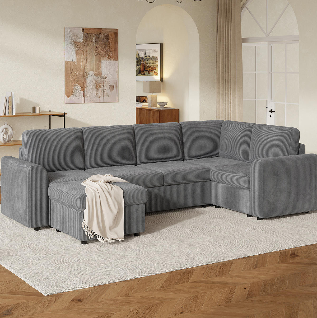 WOHNLANDSCHAFT aus cord 282x153x85 cm in Grau mit Stauraumhocker & Schlaffunktion - Grau, Textil (153/85/282cm) - Modfu