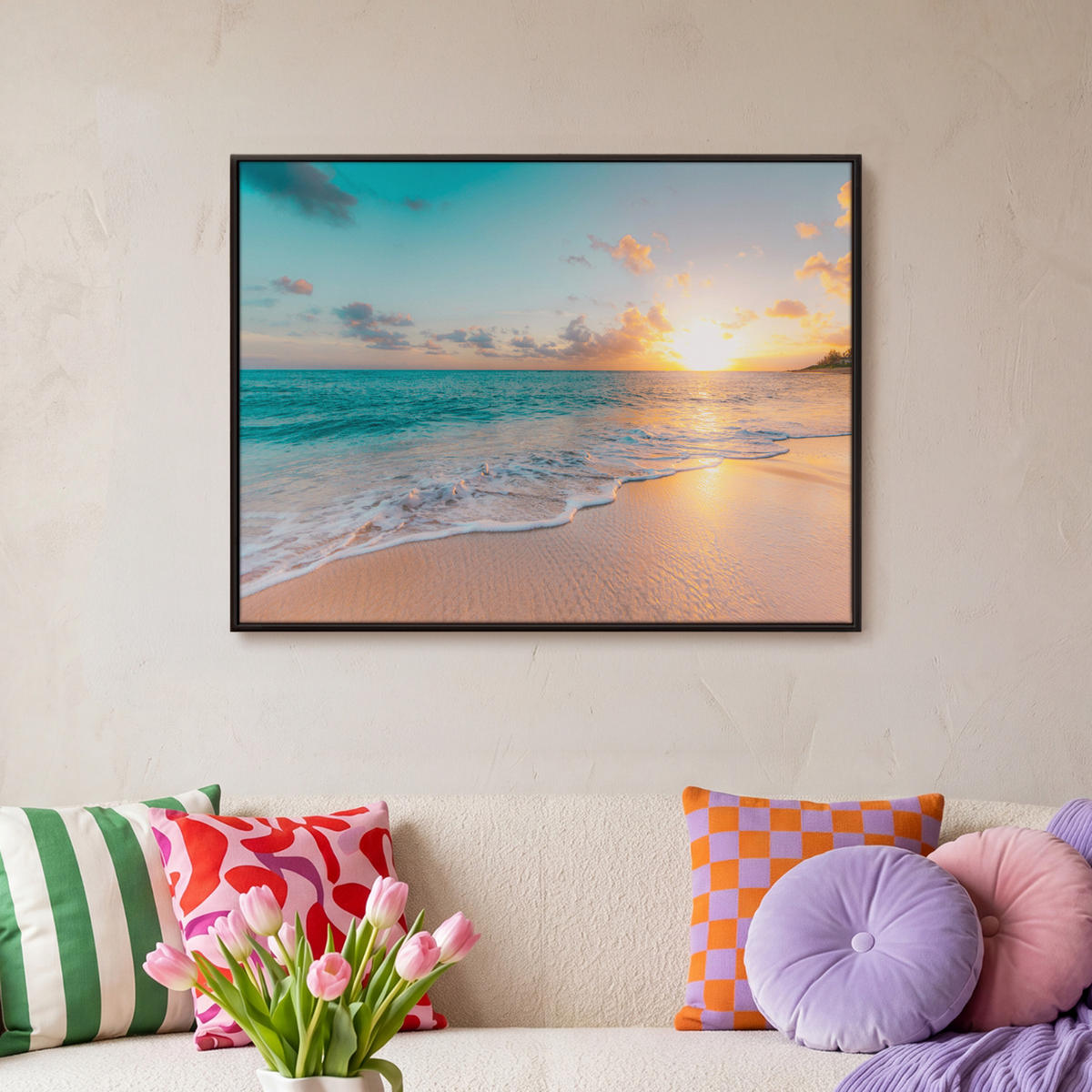 LEINWAND Bilder mit Rahmen - Sonnenuntergang - Strand - Meer - Sommer - Blau - 70x50 - Multicolor, Textil (70/50cm) - MuchoWow