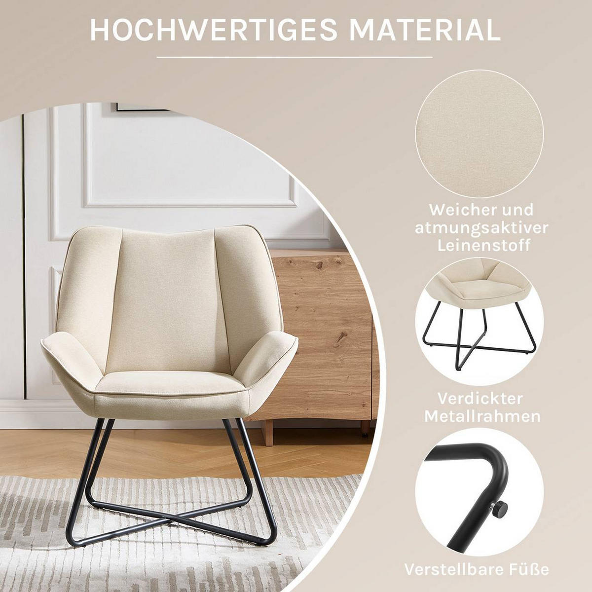 RELAXSESSEL mit Metallrahmen, Leinen, Beige - Beige/Schwarz, Keramik/Textil (71/85/70cm) - Woltu