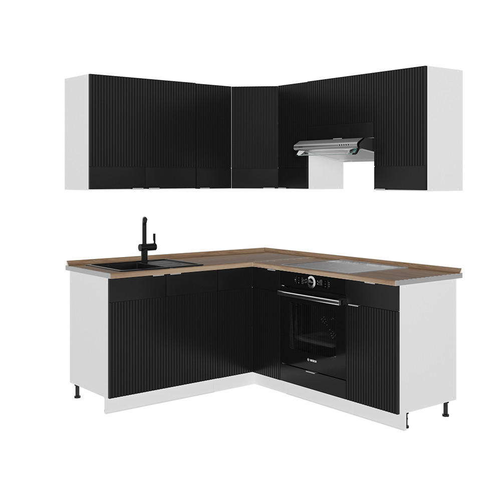 ECKKÜCHE Fame-Line, Schwarz gestreift/Weiß, 160 x 190 cm, AP Eiche - Schwarz, Holzwerkstoff (190/81.6/60cm) - Vicco