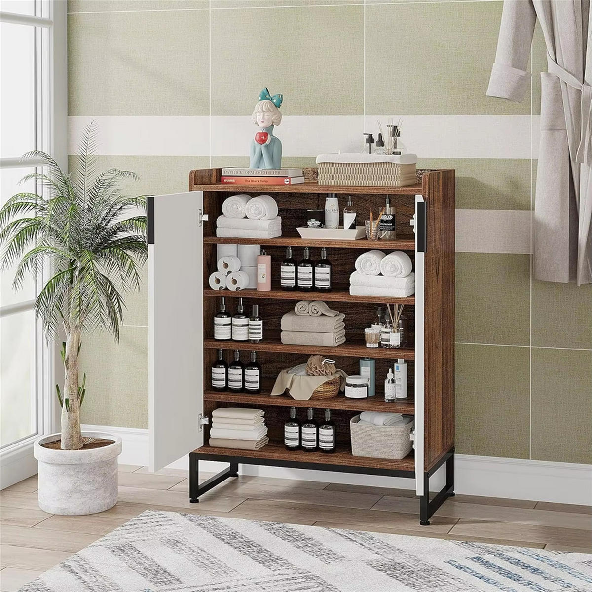 SCHUHSCHRANK, 5-stufig Holz mit Türen Organizer - Naturfarben, Naturmaterialien (75/105/35cm) - Kaket