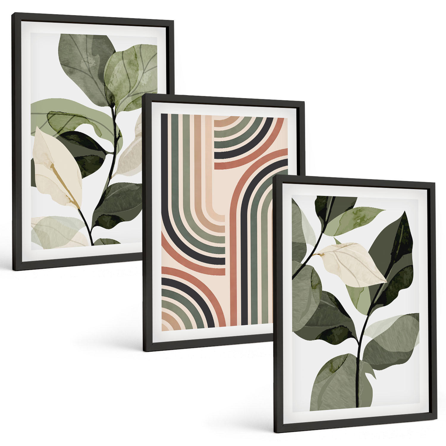 BILDER SET 3er Set - 40x60 cm Schwarzer Rahmen - Geometrische Pflanzenmotive - Schwarz, Kunststoff (40/60cm) - TULUP