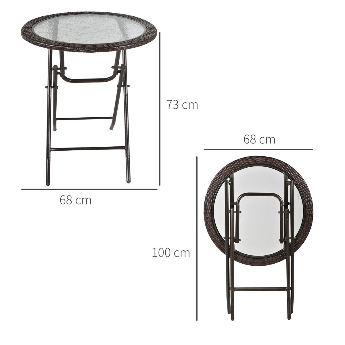 ESSTISCH, Braun, Stahl, Hartglas, PE - Braun, Kunststoff (68/68/73cm) - Outsunny