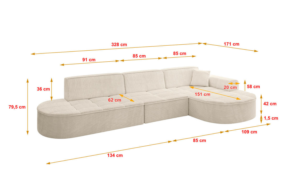 ECKSOFA Ottomane Rechts TARO-L2 - 328x171x79,5 cm Beige - Beige, Holzwerkstoff/Textil (328/171cm) - ALTDECOR