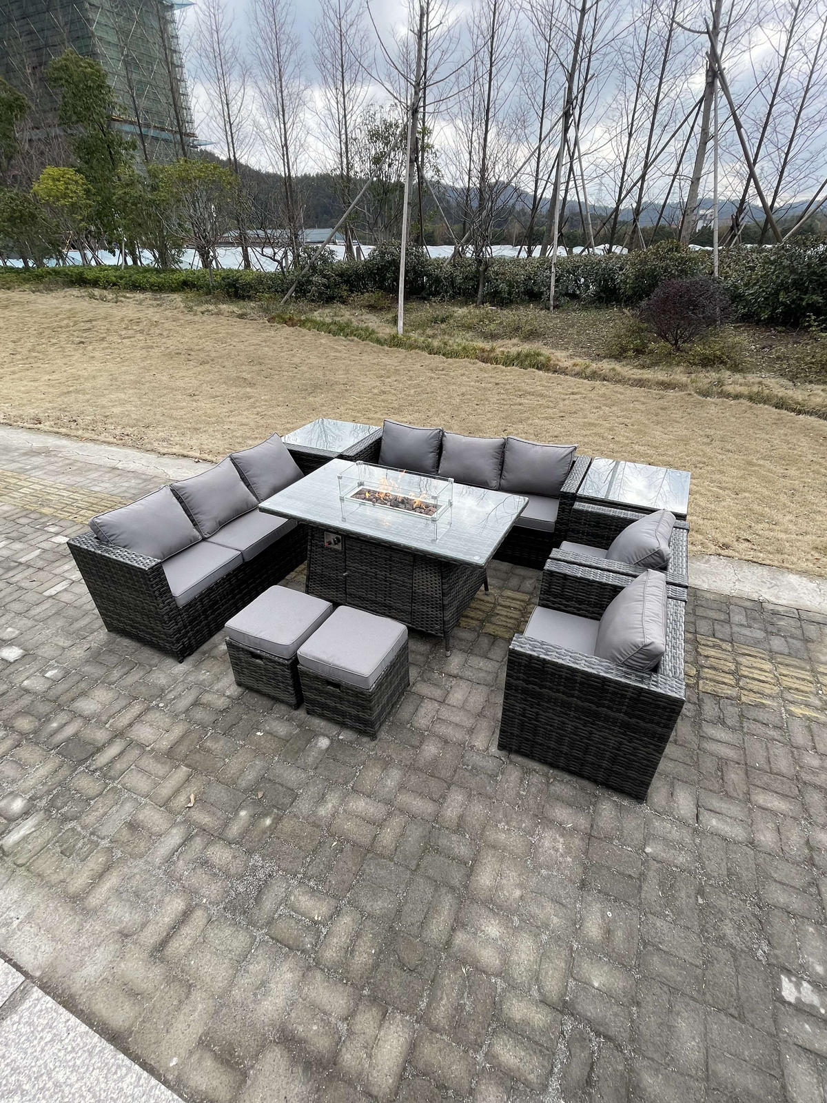 GARTENMÖBEL SET mit Esstisch Polyrattan 6-Sitzer - Dunkelgrau/Grau, Glas/Kunststoff - Fimous