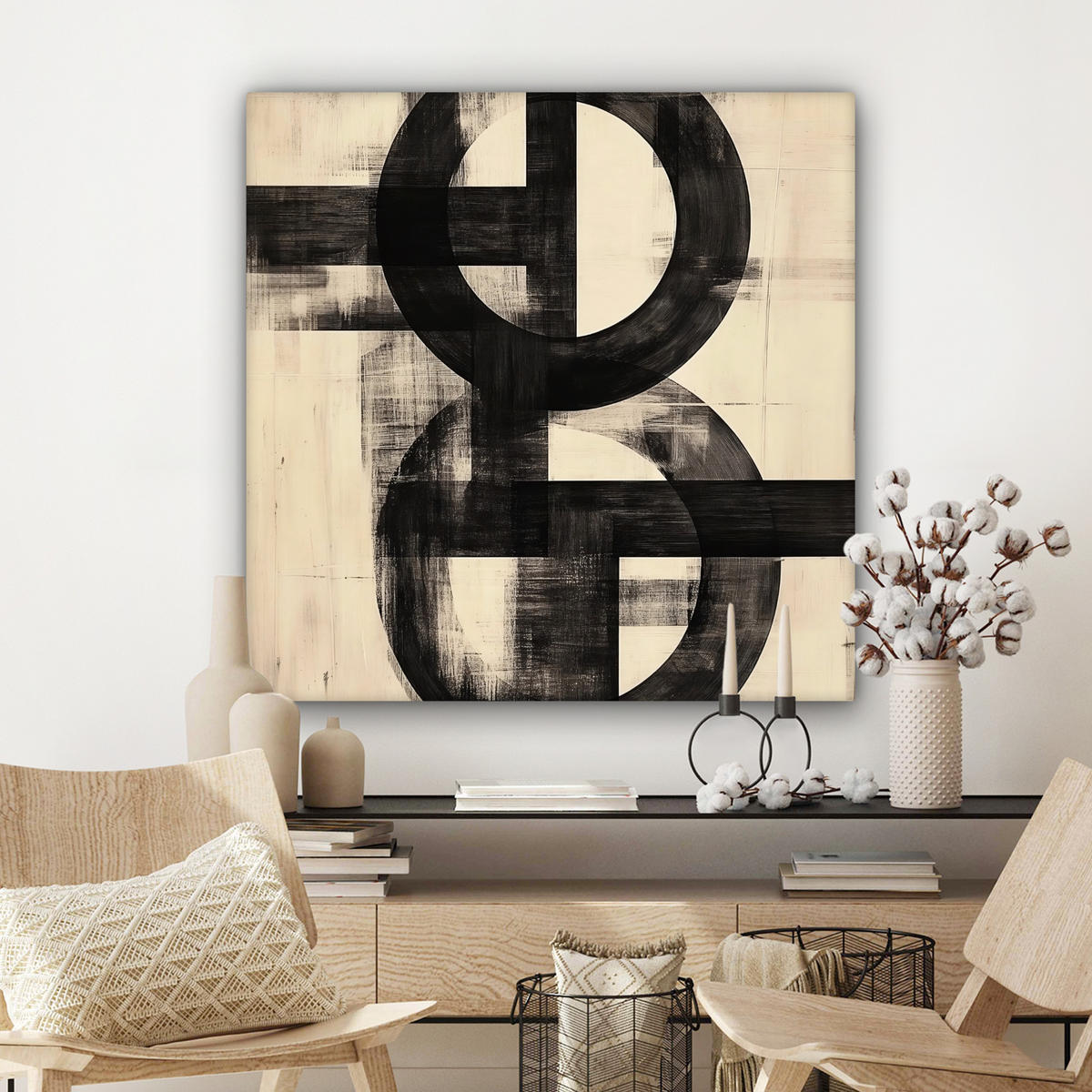 LEINWANDBILD Kreise - Balken - Schwarz - Abstrakt Deko Groß 90x90 cm - Schwarz, Textil (90/90cm) - MuchoWow