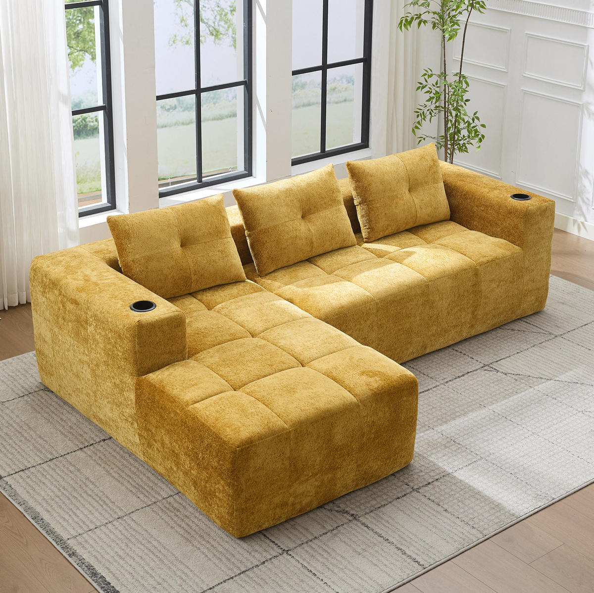 ECKSOFA 258 cm mit Becherhaltern, tiefem Sitzkomfort und Chenille-Bezug, Gelb - Gelb, Textil (258/163cm) - Redom