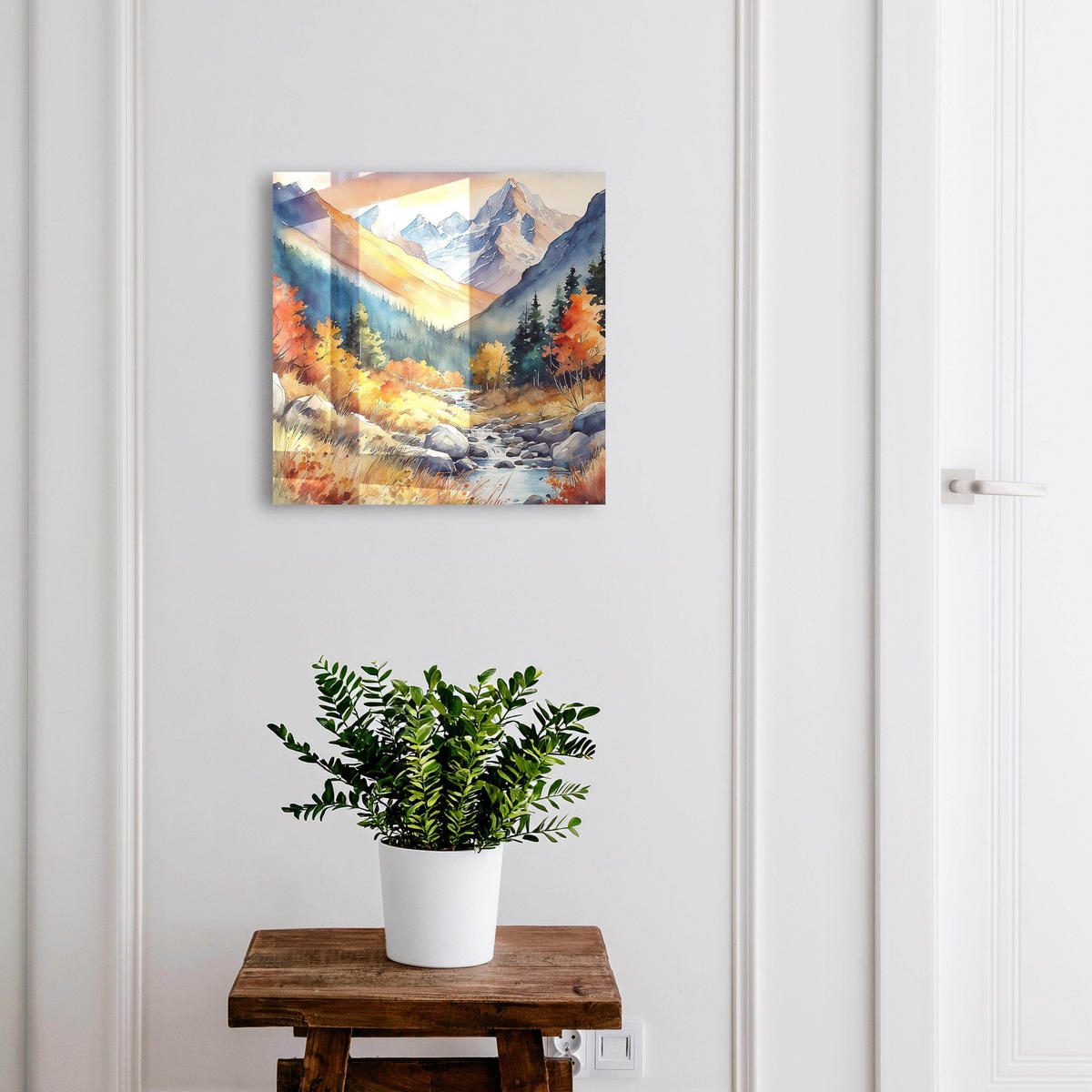 SCHLÜSSELBOX Weiß 30x30 cm – Türöffnung nach rechts - Herbstliche Berge - Orange, Metall (30/30/5cm) - TULUP