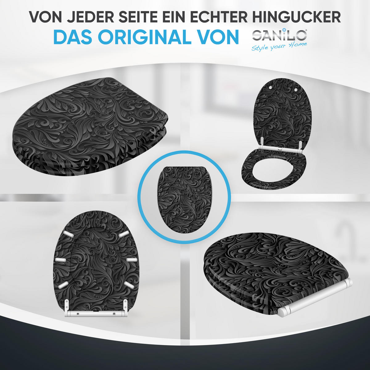 WC-SITZ mit Absenkautomatik & Top Fix Floral - Schwarz, Holzwerkstoff (37.7/5.5/48cm) - Sanilo