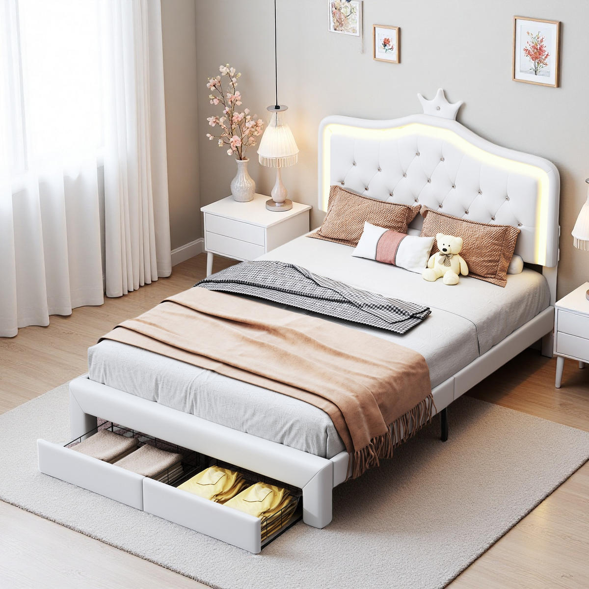 KINDERBETT 90x200 Weiß Krone LED mit Schubladen - Weiß, Holzwerkstoff (90/200cm) - SHOPENTRA