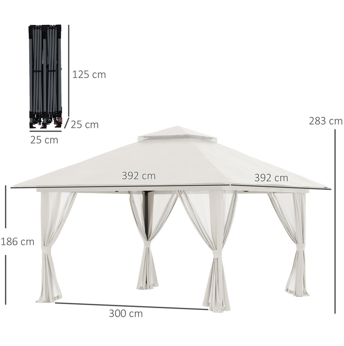 FALTPAVILLON 392/392/283 cm höhenverstellbar mit Doppeldach, UV50+-Schutz und Oxford-Polyesterdach, Cremeweiß - Weiß, Textil (392/283/392cm) - Redom