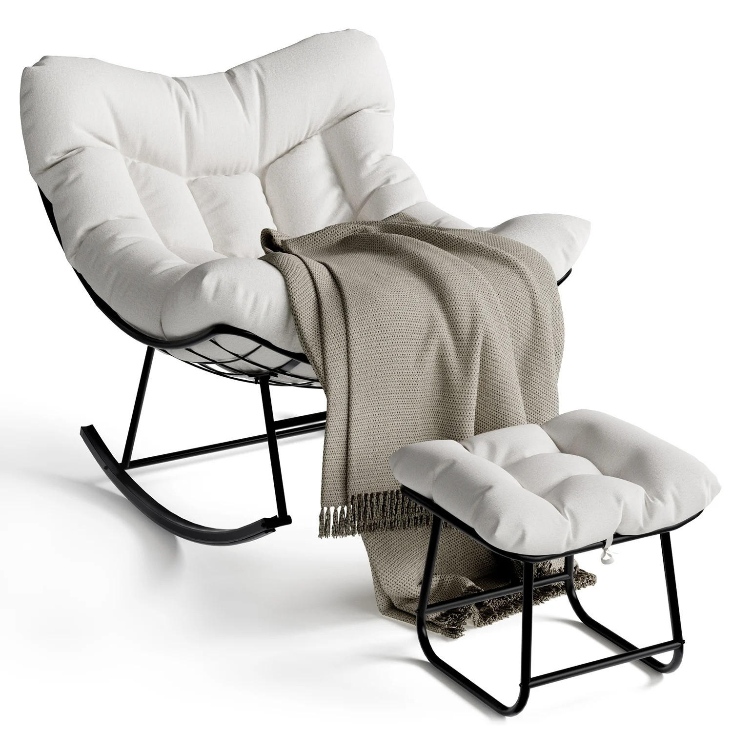 SCHAUKELSTUHLMIT Hocker, Outdoor Papasan, mit Metallrahmen, Weiß - Weiß, Textil (71/82.8/89cm) - Kaket