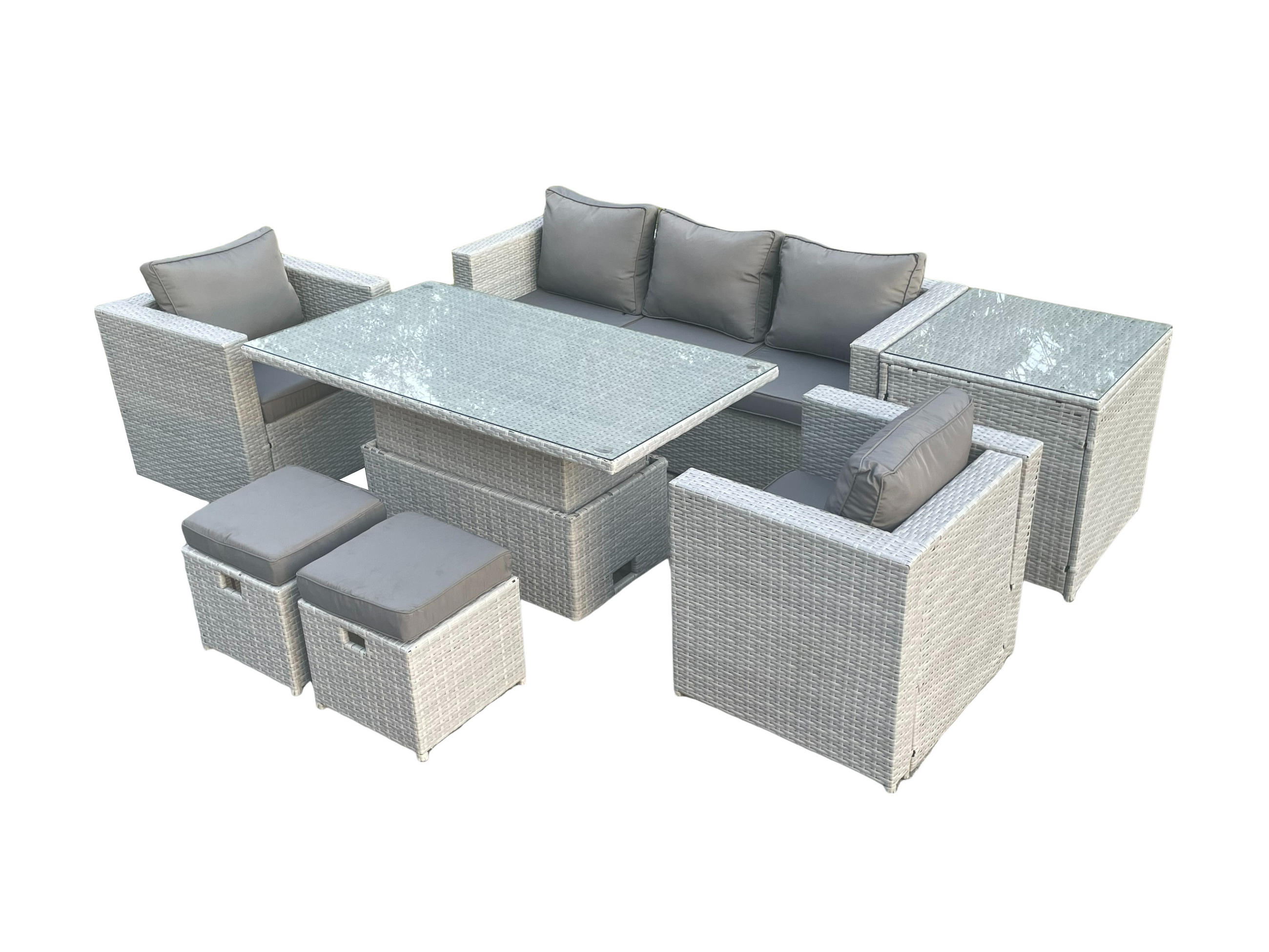 GARTENSOFA SET mit höhenverstellbarer Tisch Polyrattan Helles Grau 7-teilige - Hellgrau, Metall - Fimous