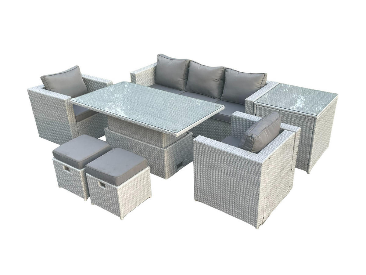 GARTENSOFA SET mit höhenverstellbarer Tisch Polyrattan Helles Grau 7-teilige - Hellgrau, Metall - Fimous