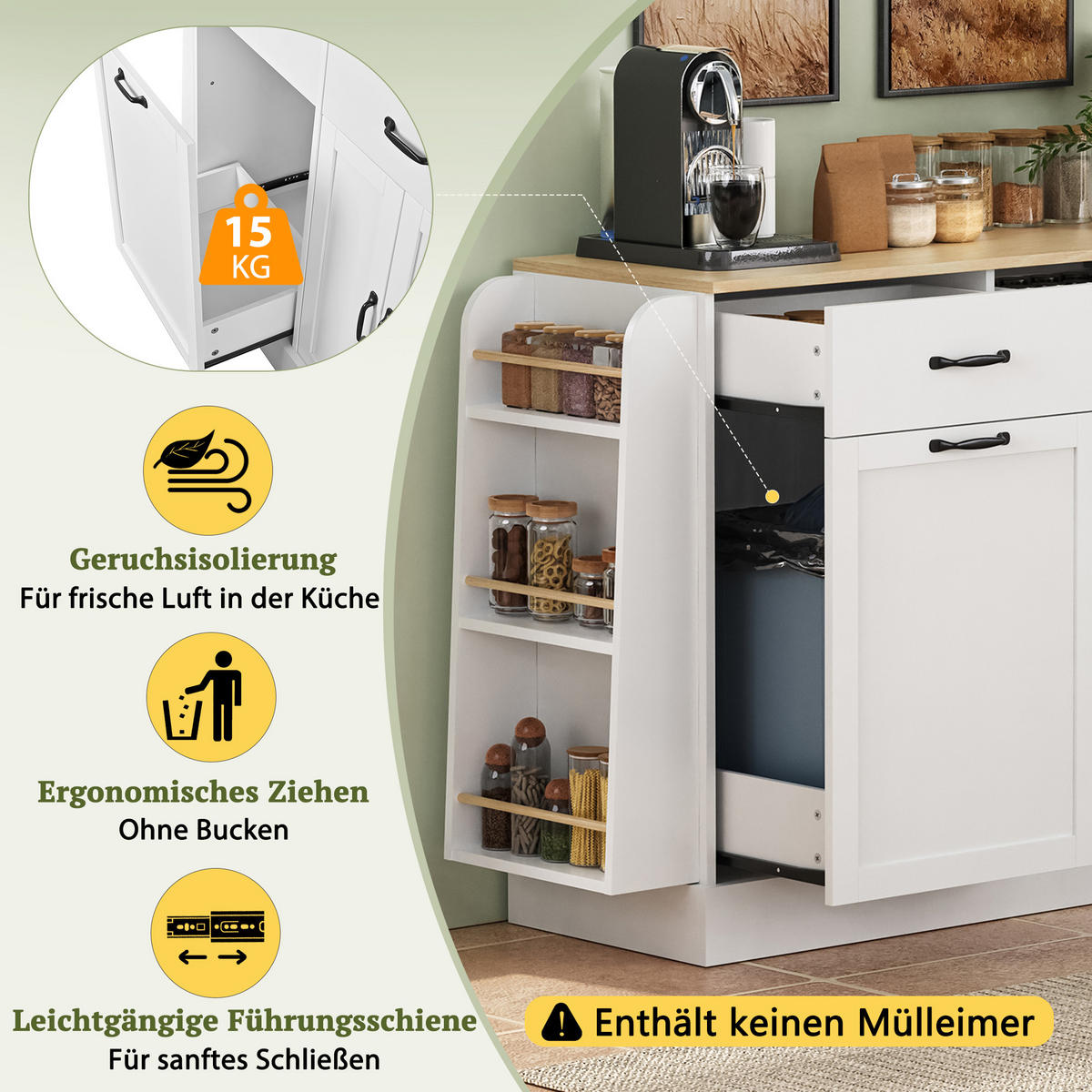 KÜCHENINSEL in Weiß Küchenschrank modern, Schubladen, Abfallbehälterfach & Gewürzregal, B133.5/T40/H86cm - Weiß, Holzwerkstoff/Metall (133.5/86/40cm) - STILVORA