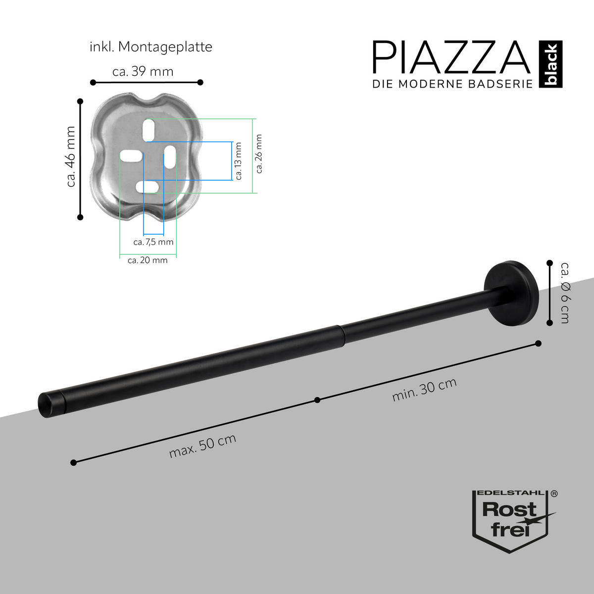 TELESKOPHANDTUCHSTANGE PIAZZA BLACK, Edelstahl, schwarz - Schwarz, Metall (50/6/6cm) - bremermann