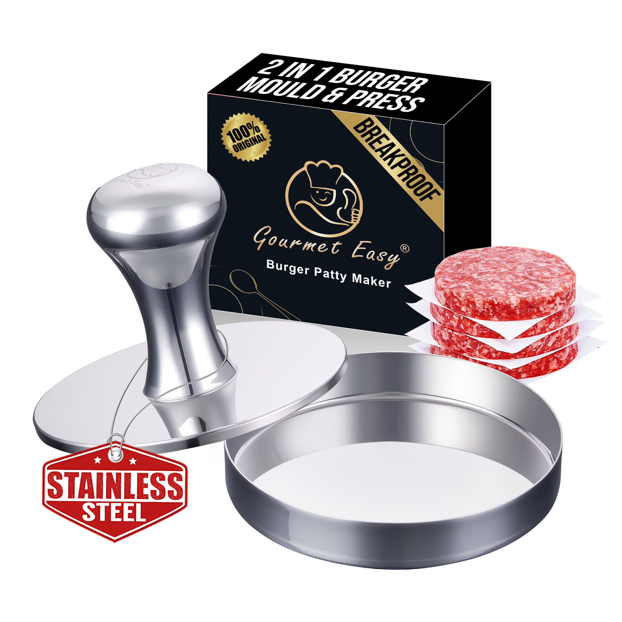 2-IN-1 Burgerpresse aus Edelstahl, Patty-Maker, robust, leicht zu reinigen - Edelstahlfarben, Metall (12.5/9.1/9.1cm) - Gourmet Easy