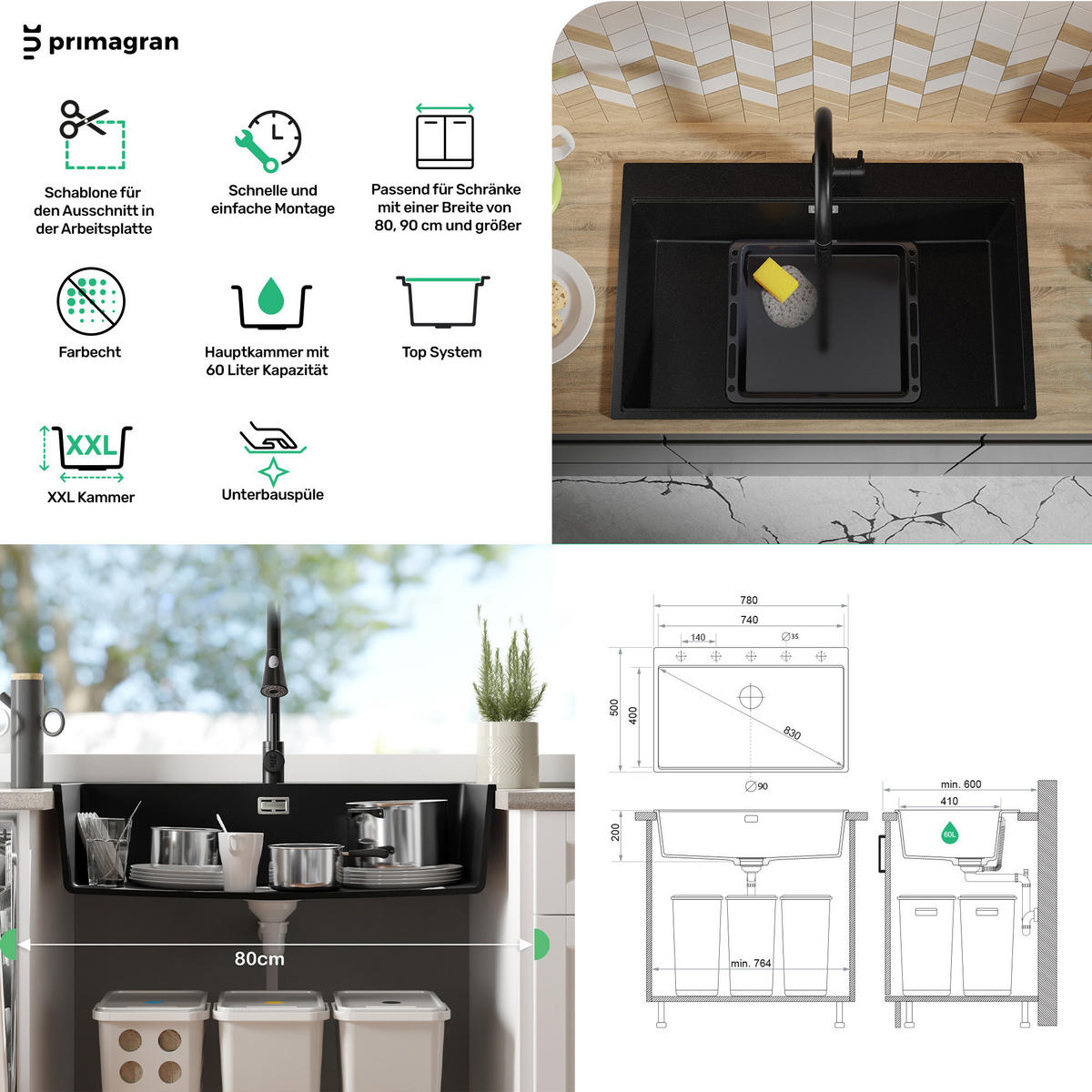 GRANITSPÜLE Oslo, 2-er set Alles Schwarz 78/50 cm 1 Becken + Küchenarmatur 32/20 cm + Ablauf-Set + Schneidebrett ab 80er Unterschrank - Schwarz, Kunststoff (78/20/50cm) - Primagran