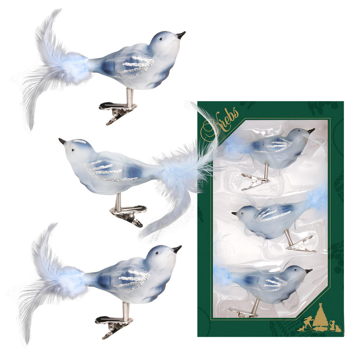 CHRISTBAUMSCHMUCK Waldvögel Blau 9cm (Glas / 3 Stk.) - Blau, Glas (4/4/9cm) - Krebs Glas Lauscha