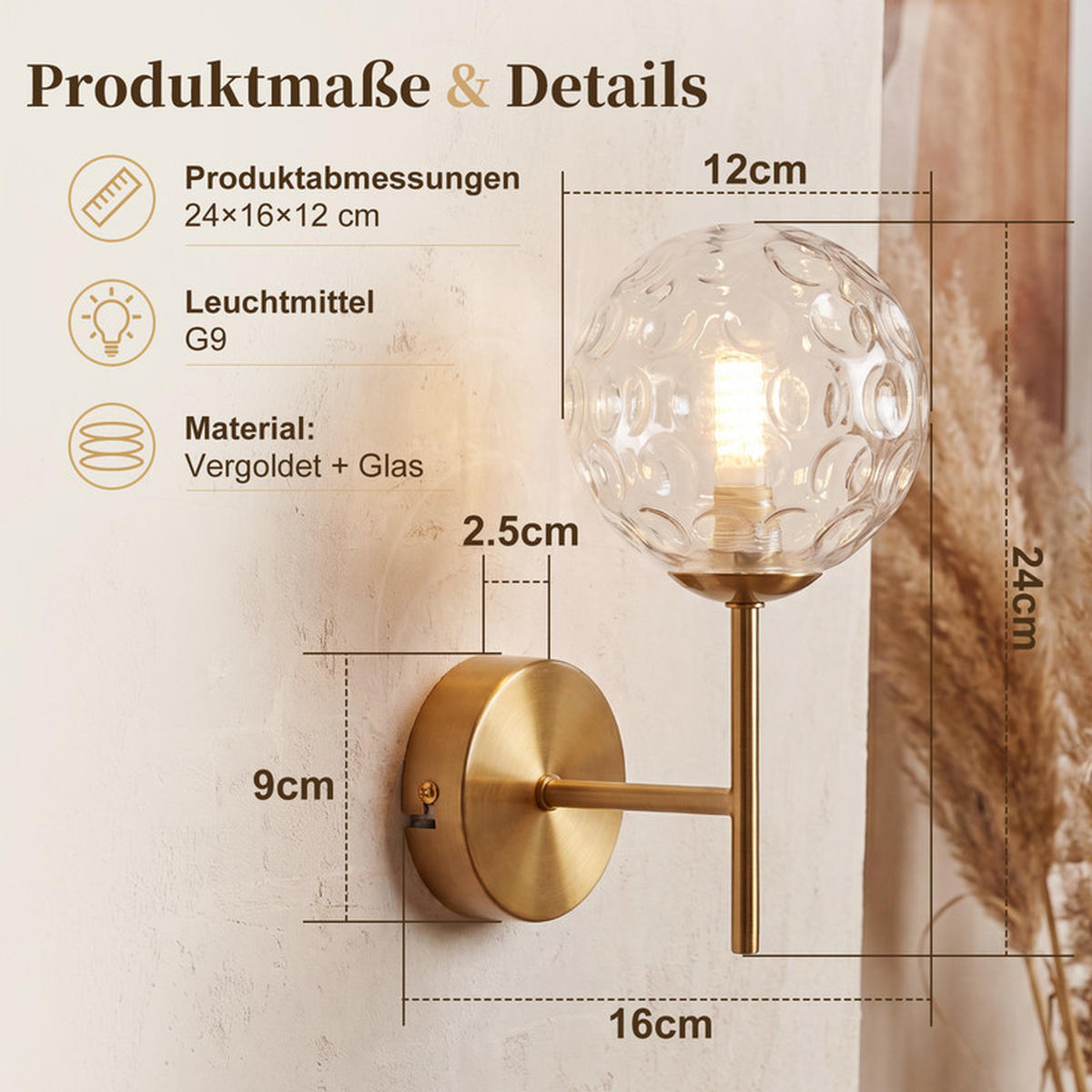 WANDLEUCHTE 16/26/21cm - Goldfarben, Metall (16/21/26cm) - Nettlife