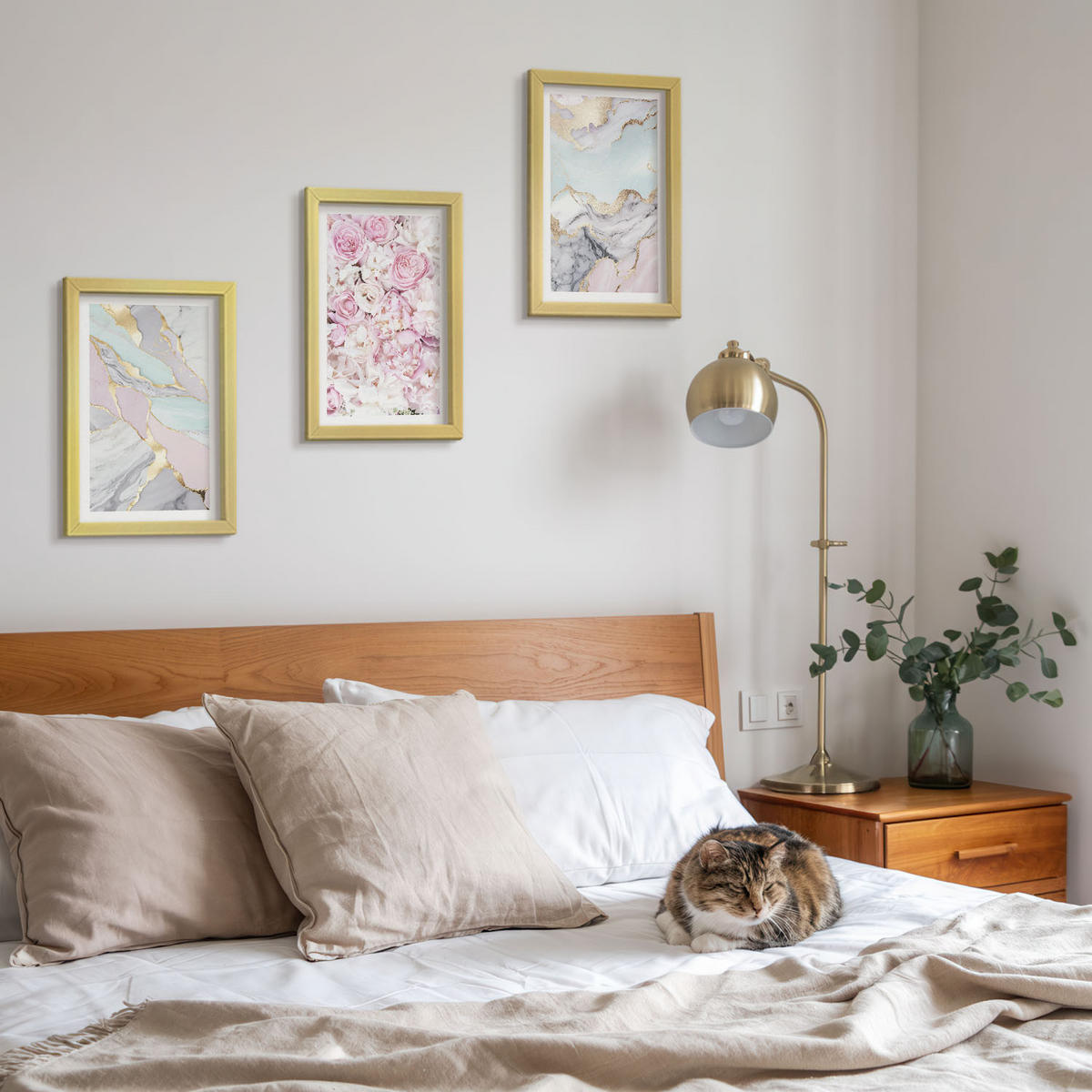 WANDBILDER 3er Set - 20x30 cm Goldrahmen - Rosa Blumen Marmor Pastell - Goldfarben, Kunststoff (20/30cm) - ArtPrintCave