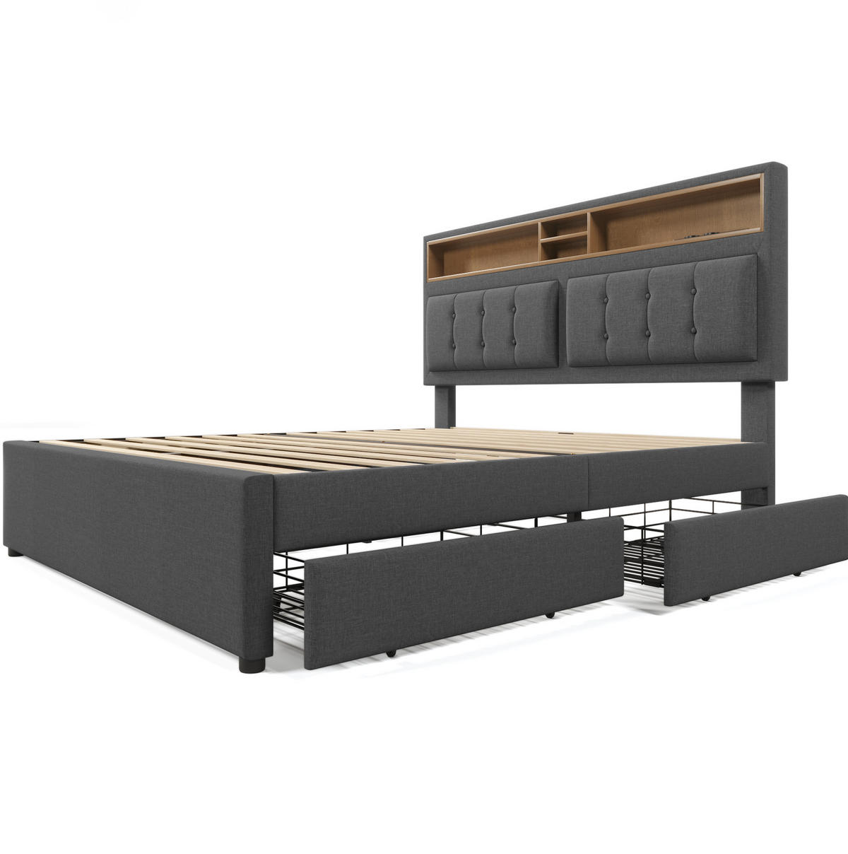 POLSTERBETT 140/200 cm mit Schubladen, USB-C und verstellbarem Kopfteil - Grau, Textil (140/200cm) - BEAOK