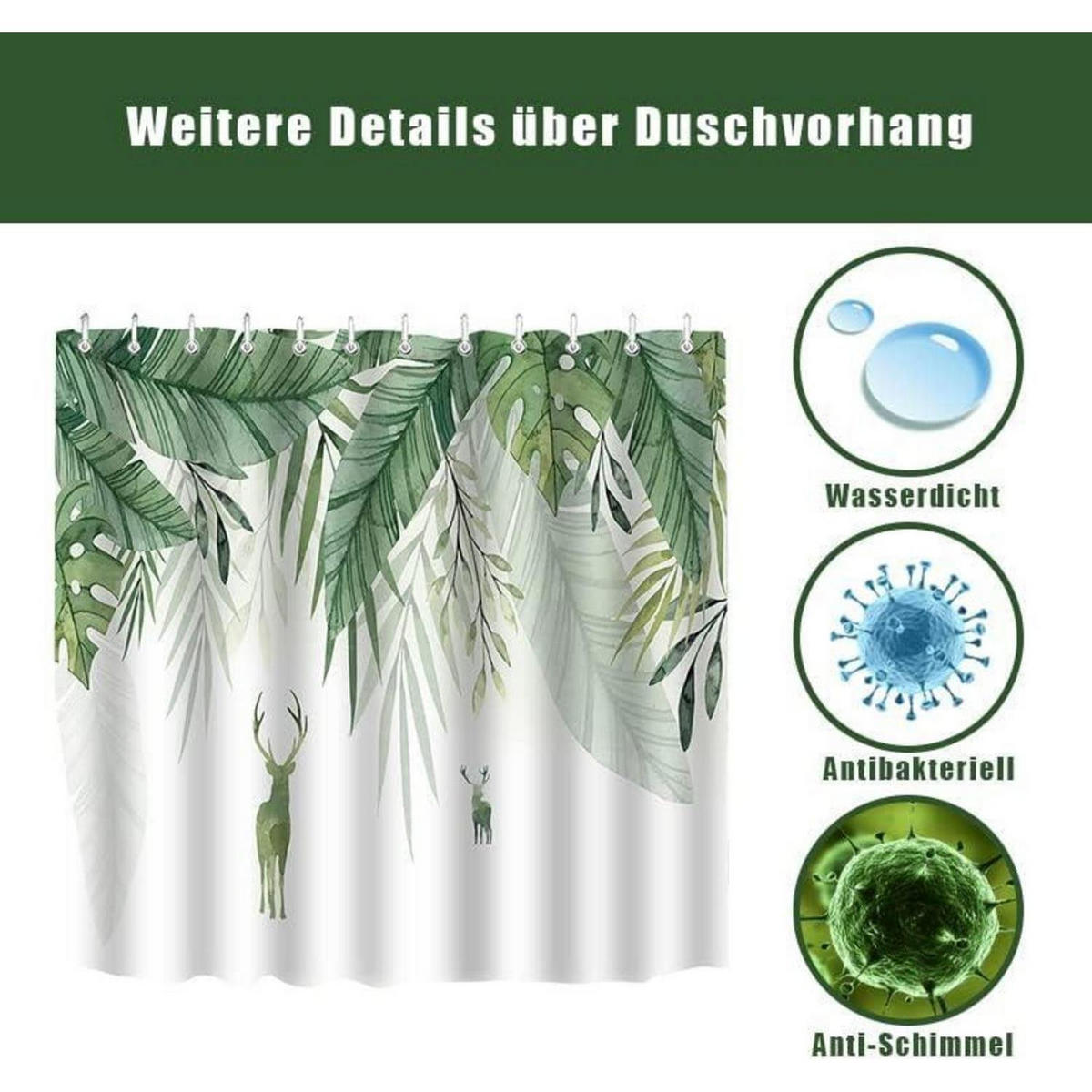 DUSCHVORHANG 180 x 180 cm Grün Blätter Blumen Wasserdicht Polyester - Grün, Textil (180/180cm)