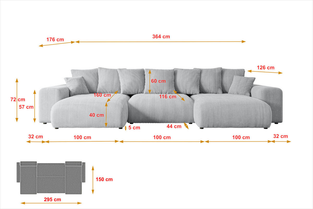 WOHNLANDSCHAFT mit Schlaffunktion ESKAR-U -364x176x72cm Grau Cord - Schwarz/Grau, Holzwerkstoff/Kunststoff (364/72/176cm) - ALTDECOR
