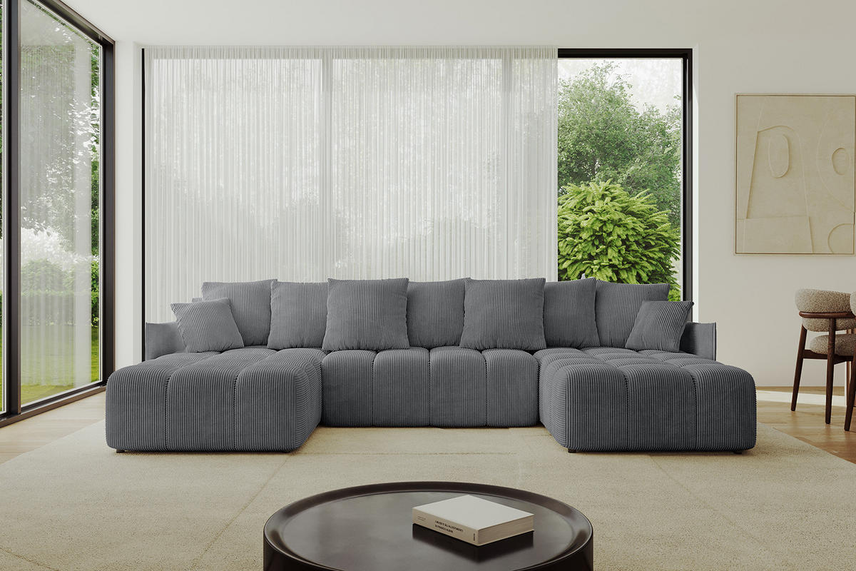 WOHNLANDSCHAFT LONLI-U 355x189x68 Dunkelgrau Cord - Dunkelgrau, Holzwerkstoff/Kunststoff (355/68/189cm) - ALTDECOR
