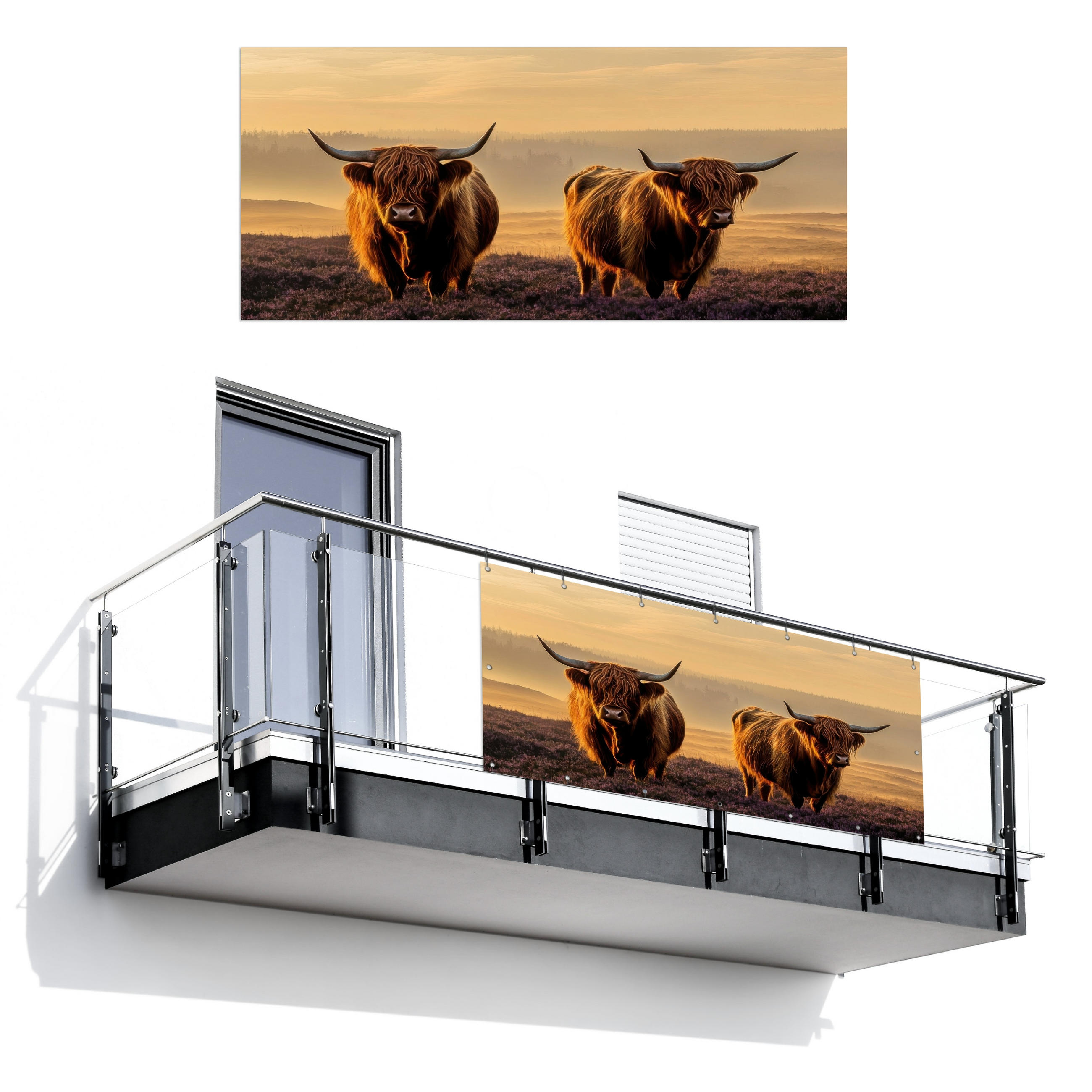 BALKON-SICHTSCHUTZ Schottische Hochlandbewohner - Heide - Landschaft - Tiere - Cognac, Kunststoff (200/90cm) - MuchoWow